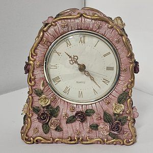 Cottage Core Mantal Pink and Gold Rose Decorative Clock - Never Used